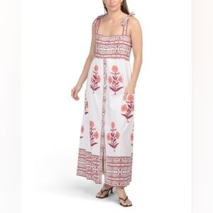 NWT- BINDU Hand Blocked Cotton Pink Multi Floral Maxi Dress with Border Print-XL